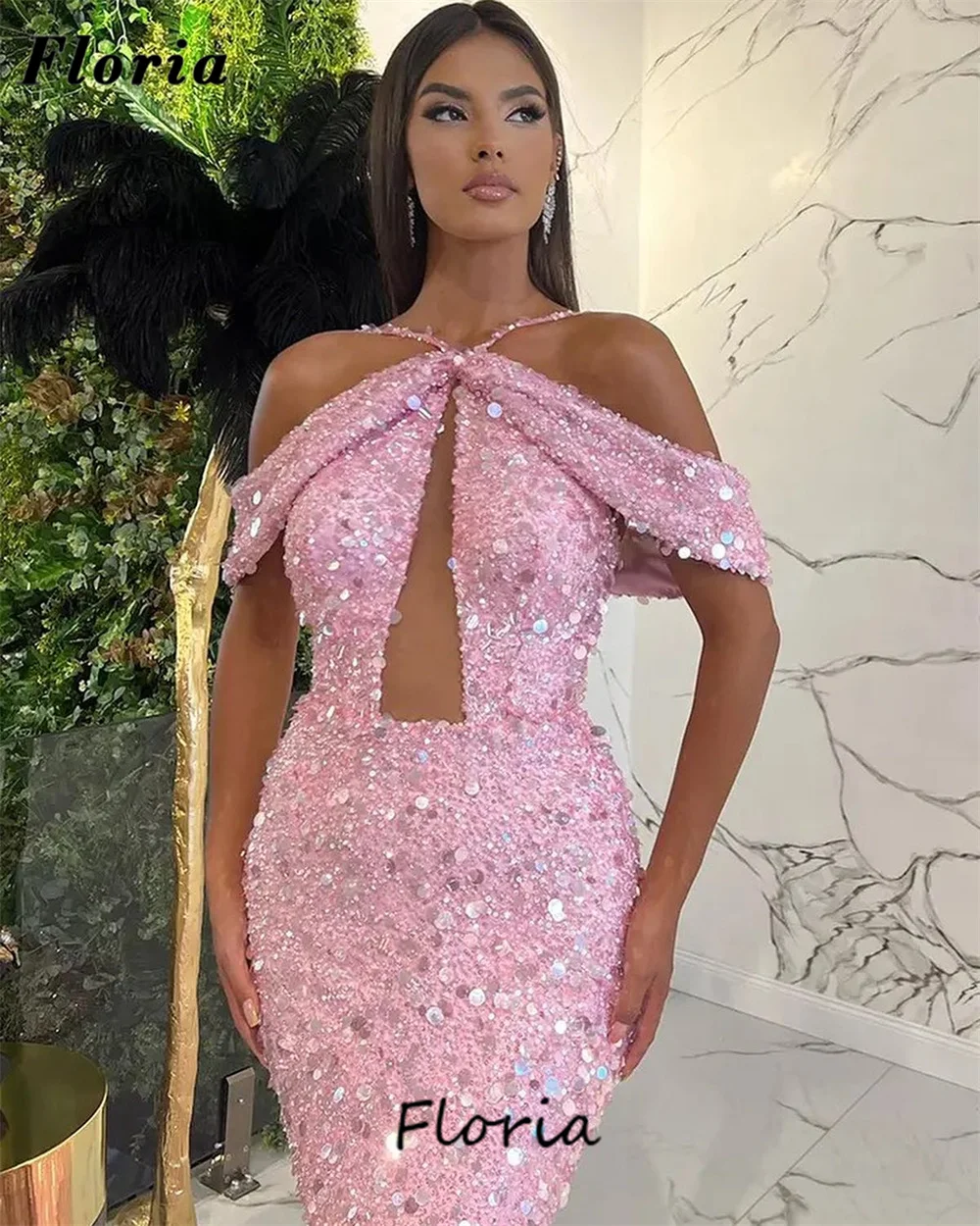 Baby Pink Sequins Party Dresses Huate Coutures Off Shoulder Women Evening Dress Elegant Dubai Long Train Cocktail Dress Vestidos