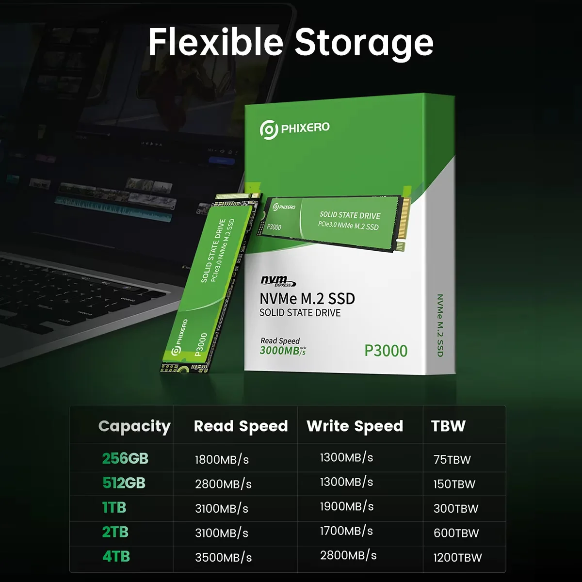 PHIXERO P3000 PCIe3.0 M.2 NVMe SSD 512GB 1TB 2TB 3500MB/s 2280 PCIe Gen3x4 Internal Solid State Dri for Laptop/Desktop 3D NAND
