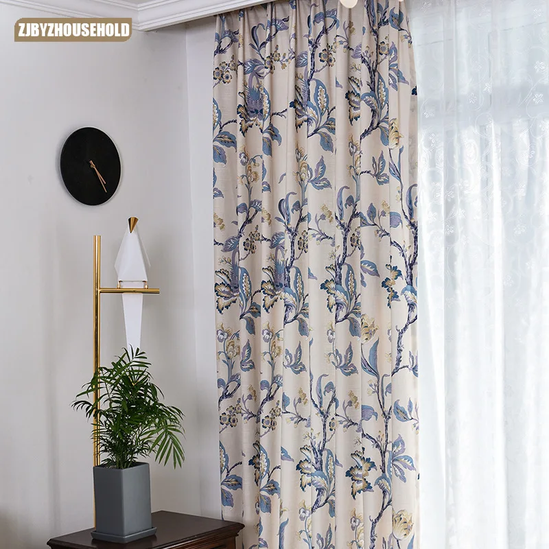 Blackout Curtains for Bedroom and Living Room Modern Pastoral American Country Slub Fabric Printed Fabric Natural Flowers