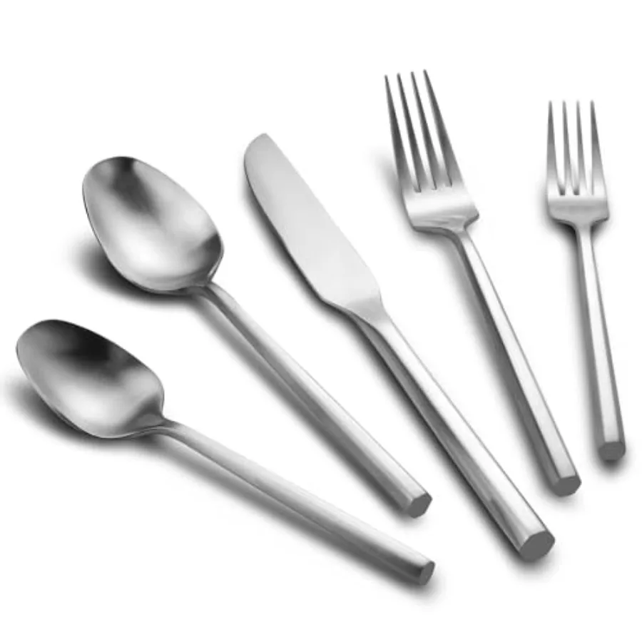 

Silverware Set Flatware Set Matte Silver Cutlery Set with Hexagon Handle Forged Stainless Steel 20 Pieces for Home Hotel Use Se