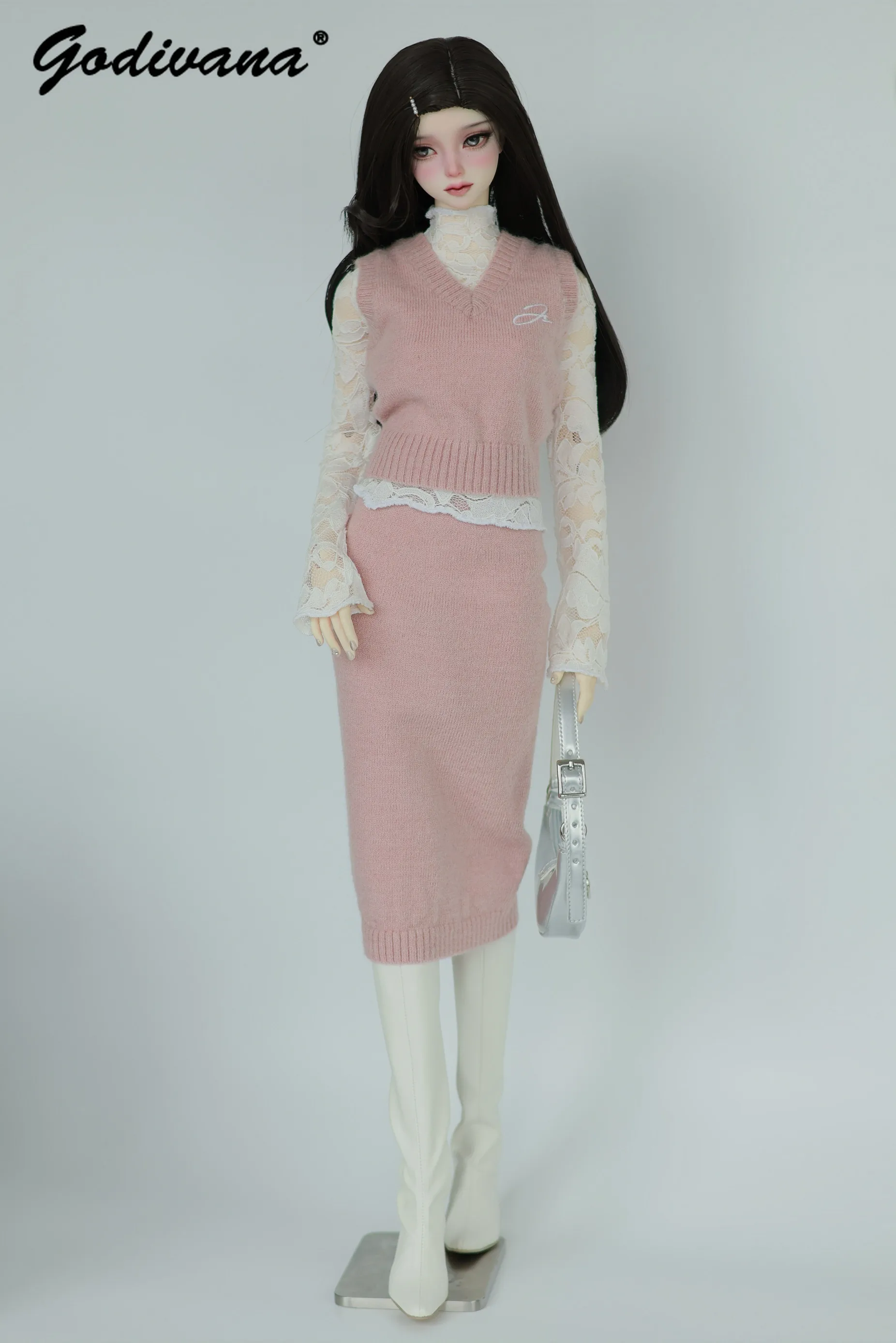 1/3 Large Female BJD Doll Clothes Knitted V-neck Sleeveless Vest and High Waist Pencil Skirt Daily Versatile Two Pieces Set