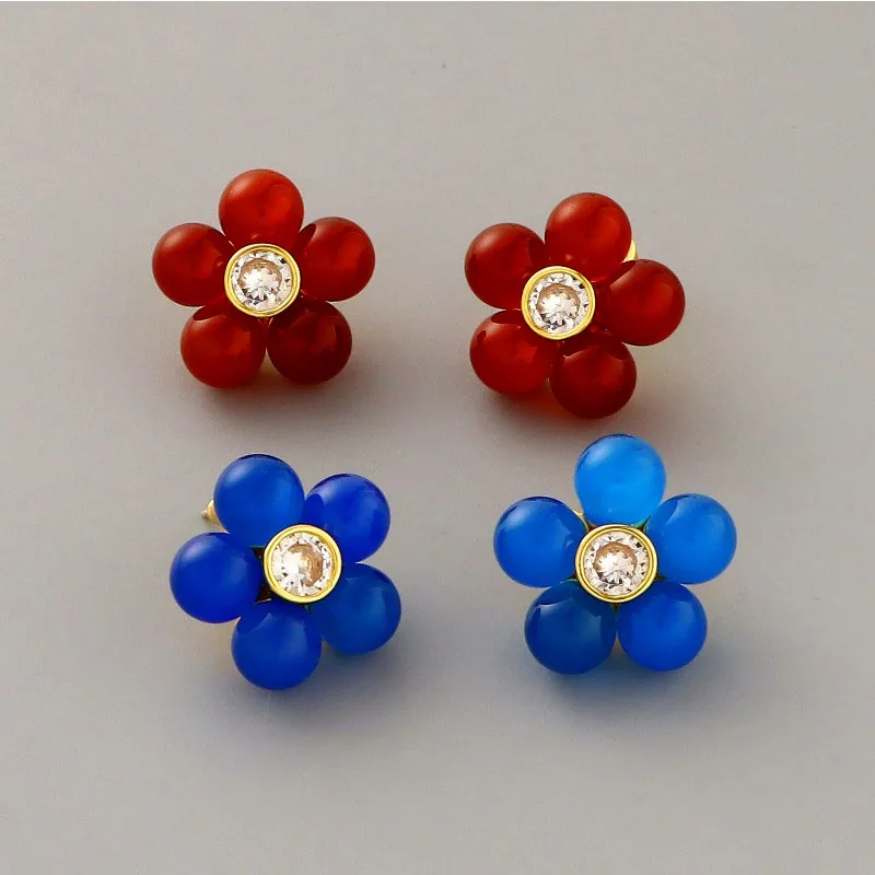 

Small Girlliness Style Fashionable Little Red Flower Stud Earrings Copper Gold Plated Blue Ball Beads Personalized Temperament