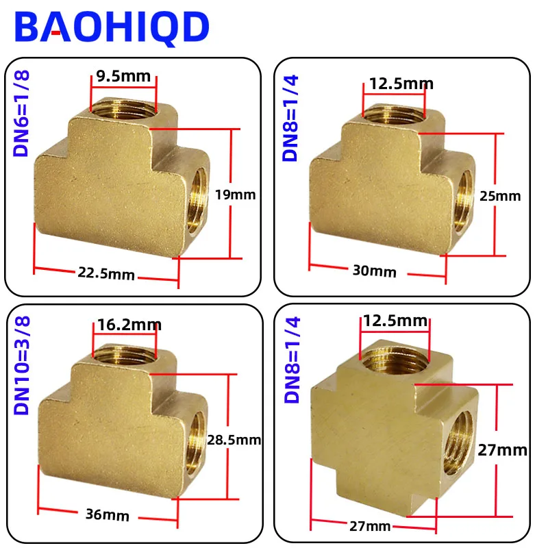 Raccord de tuyau en laiton BSP, filetage femelle pour système de graisse, système hydraulique, connecteur égal, 3 voies, 4 voies, 1/8 \