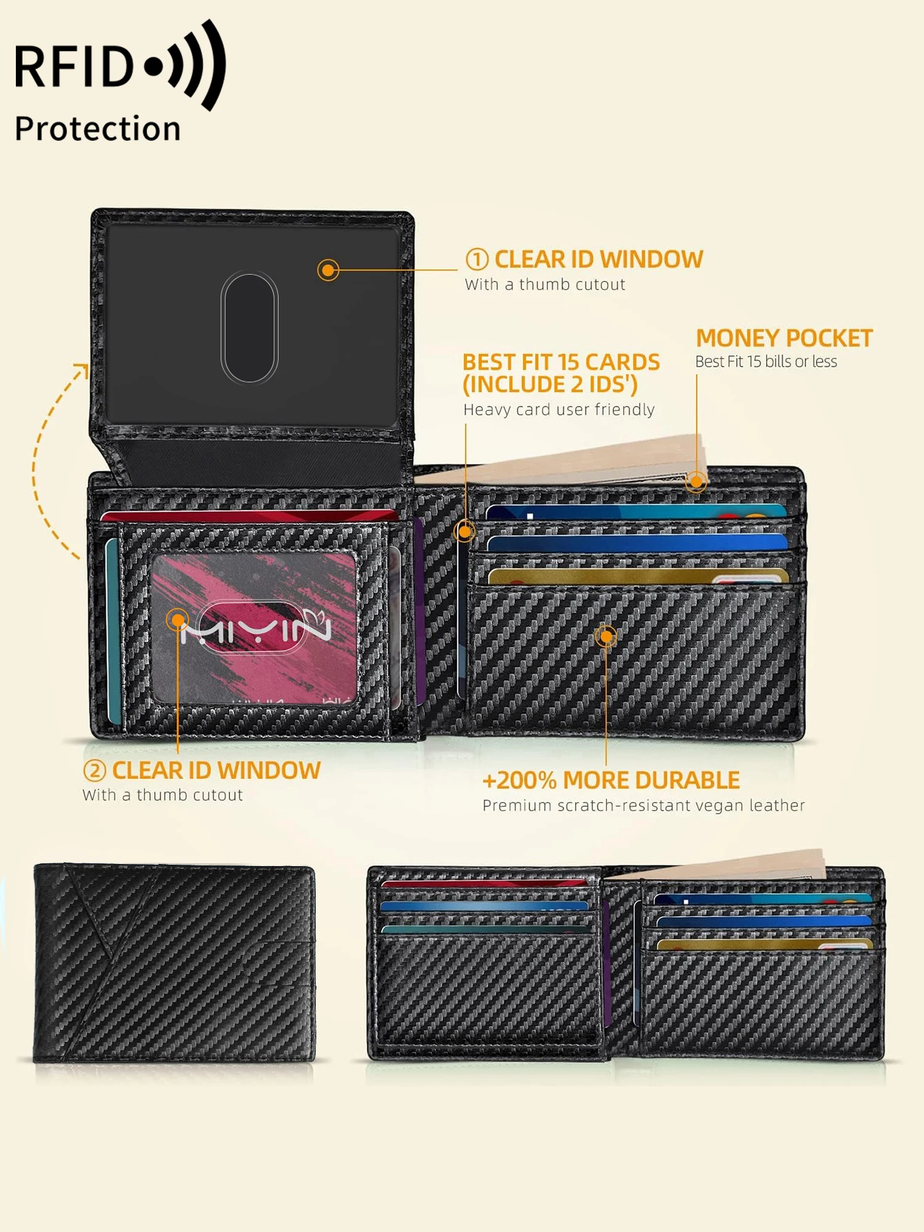 محفظة رفيعة للغاية ثنائية الطي للرجال من RFID مع نظام تحديد الهوية بمزودة بنظام Windows/فتحات بطاقات متعددة وحامل بطاقات ائتمان رفيع متعدد الوظائف