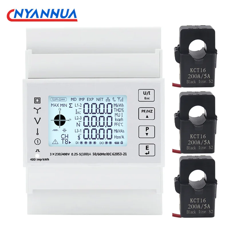 Smart Energy Electricity Consumption Power Meter Trilho Din de Fases Modbus com 50a100a150a200a Voltímetro 5a ct Amperímetro