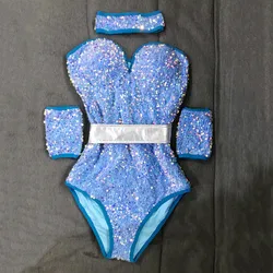 Blue Pink Velvet Sequins Bodysuit Bar Nightclub Sexy Stage Wear Women Dancer Singer Jazz Dance Costume Club Party Rave Outfit