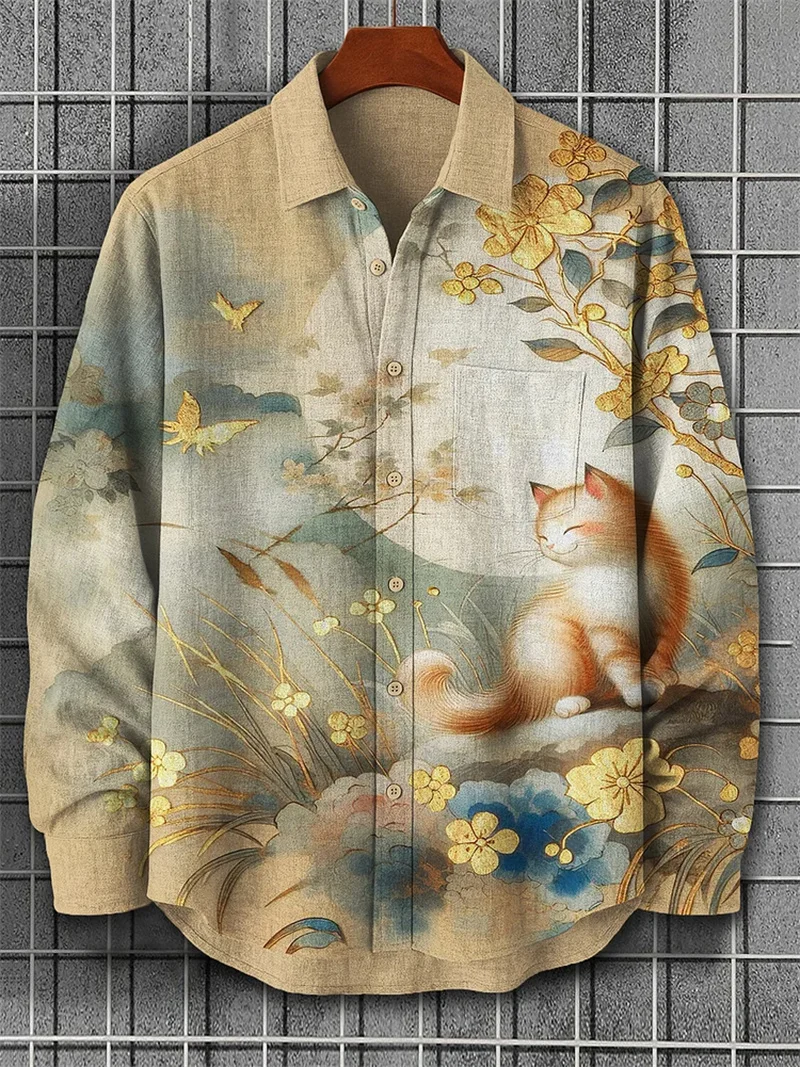 

Новая мужская льняная рубашка с длинным рукавом с цветочным 3D цветочным принтом, желтая одежда с длинными рукавами и лацканами, модельерская повседневная одежда