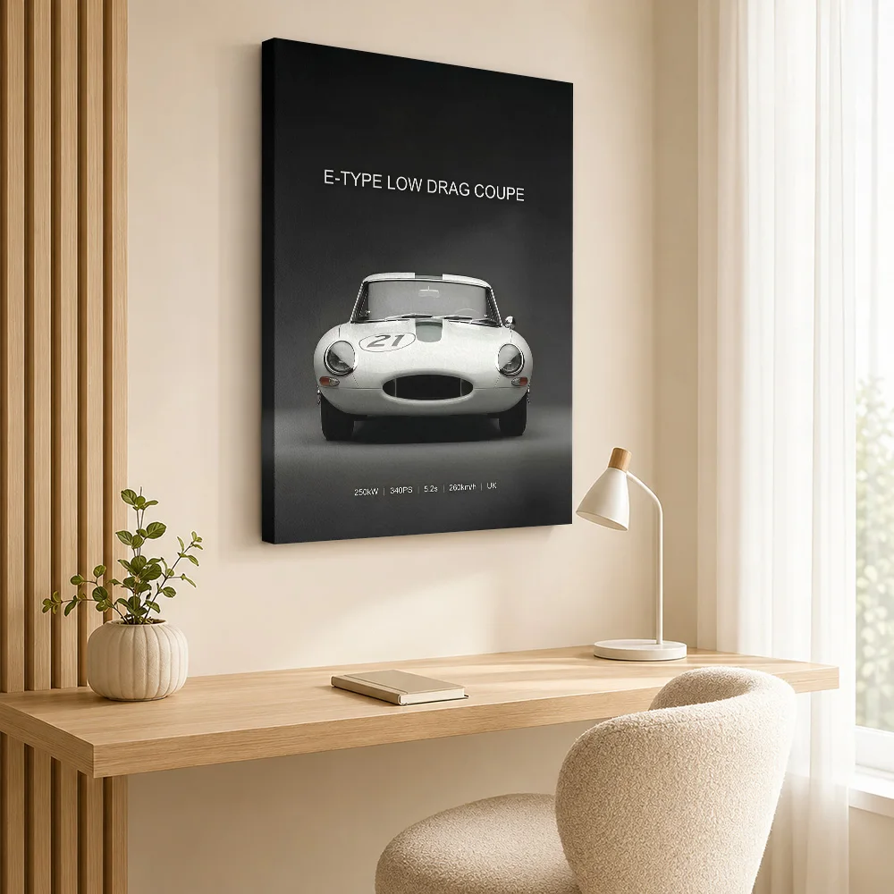 White Sports E-Type Low Drag Coupe Framed Canvas Poster Custom Photo Modern Aesthetic Wall Art for Bedroom Decor Ready to Hang
