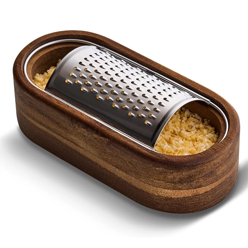 Cheese Grater With Wooden Container 304 Stainless Steel Cheese Grater Box Kitchen Parmesan Zester Cheese Grater Shredder JT