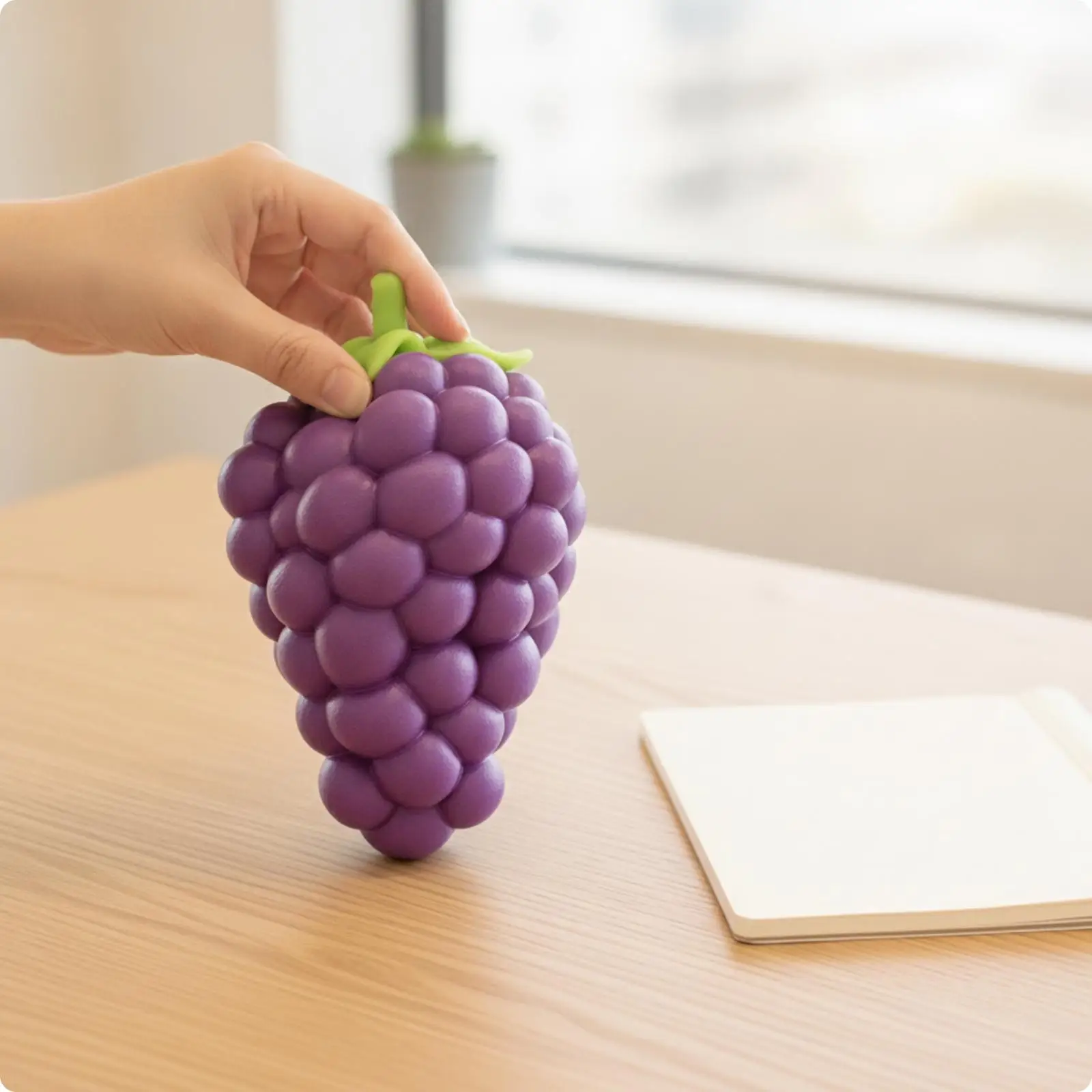 Oversized Grape Stress Ball TPR Squeeze Toy with Leaf Stem for Anxiety Relief Home Office Table Decoration