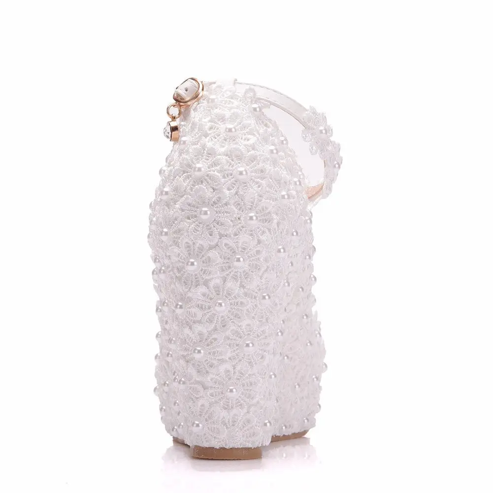 Spring round toe pearl lace flower slope heel waterproof table wedding shoes banquet high heel large size small size women shoes
