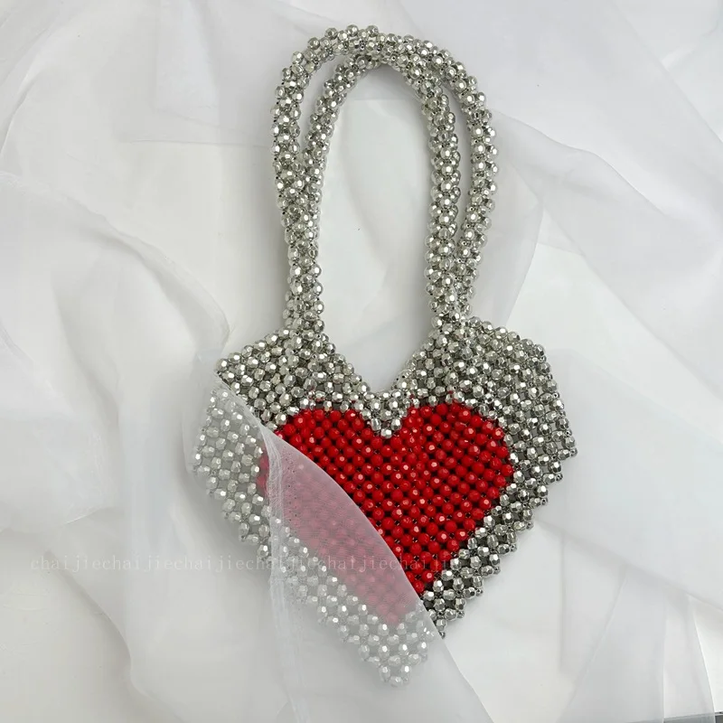 New Peach Love Women\'s Bags Trend Handmade Beaded Electroplated Silver Bead Knitted Red Heart One Shoulder Underarm Handbag