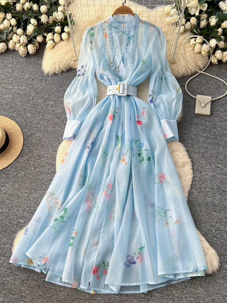 French Romantic Style Lantern Sleeve Floral Print Dress Women Hollow Out Tie Up Waist Cinch High End A Line Long Dress Woman