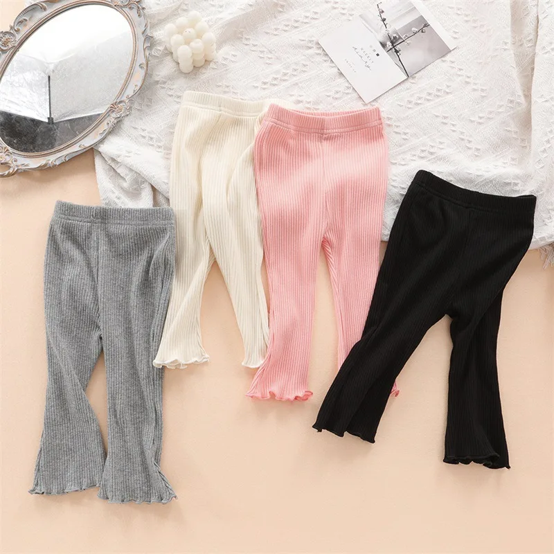 Spring Autumn Baby Solid Ruffle Ribbed Leggings Girl Infant Pit Striped Casual Flare Pants Girl Children Fashion Cotton Trousers