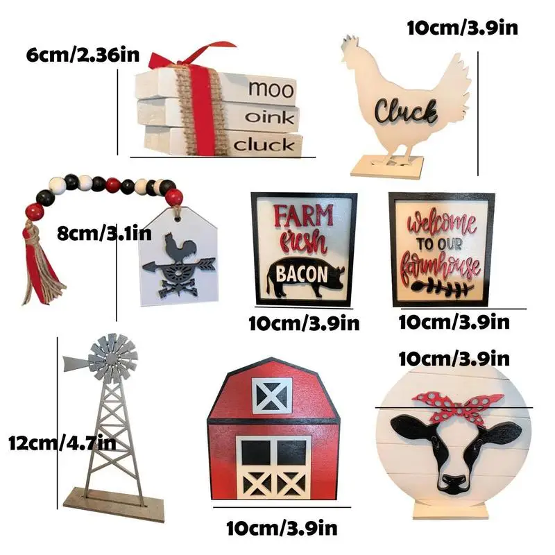 Creative 8Pcs Tiered Tray Decoration Farmhouse Cow Rooster Wood Sign Fall Rustic Farmhouse Wood Decor Tabletop Decorations
