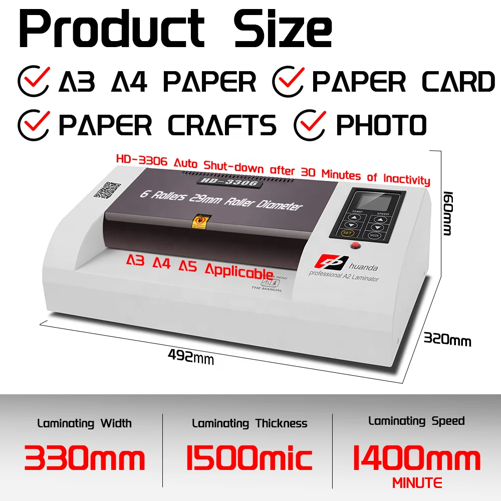 HD-3306 6 Rollers High Quality A3 Size Photo Laminator Laminating Machine