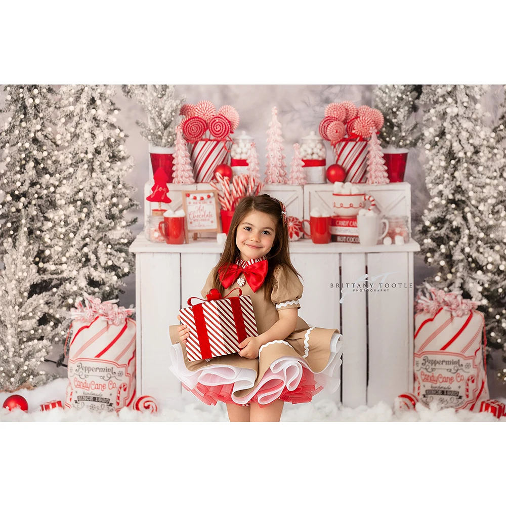 Mrs Claus Candy Station Photo Background Winter Christmas Photography Backdrop Sparkling Xmas Tree Cake Smash Photo Studio Props