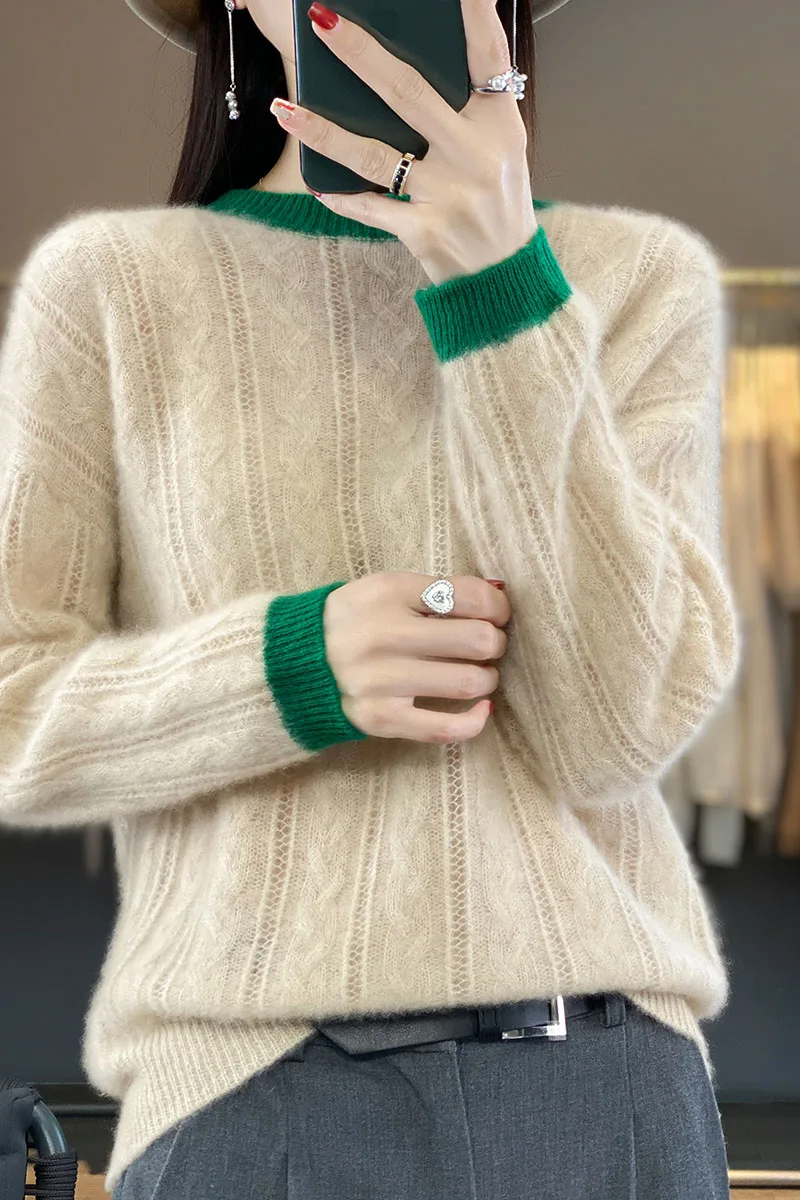 Spring  Autumn New 100% Pure Wool Pullover Women's Crew Neck Hollow Out Fried Dough Twists Color Contrast Thin Sweater Top