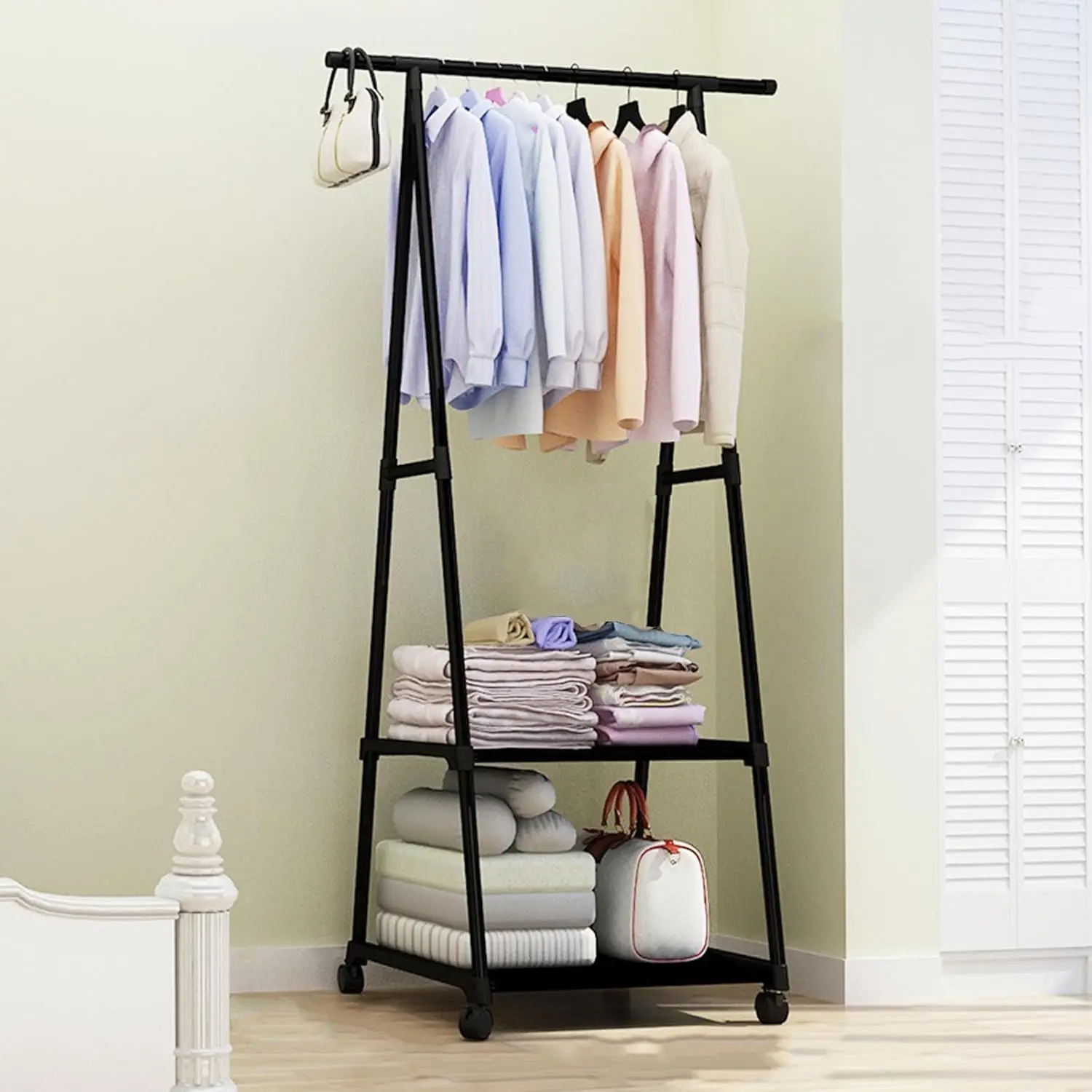 

Треугольная портативная вешалка для одежды с полками и колесиками, стойка для хранения одежды для дома и офиса