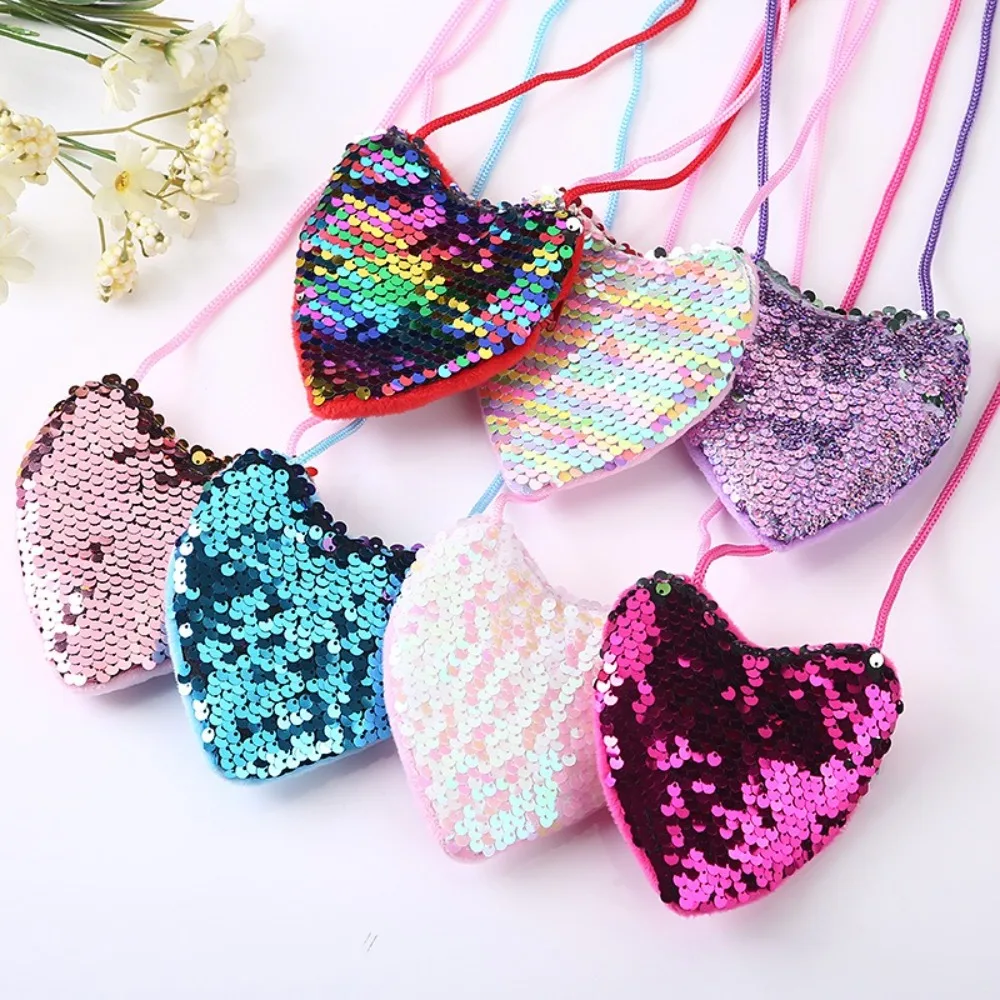 High Quality Mini Cute Kids Tote Bag Heart Shape Shoulder HandBags Sequin Bag Shiny Princess Kids Funny Shoulder Bag