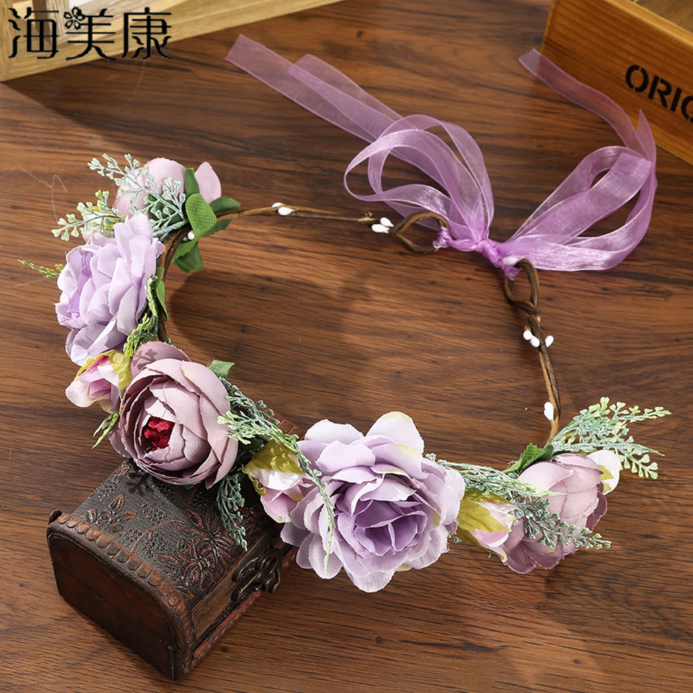 

Haimeikang Vintage Purple Flower Crown Handmade Fabric Adjustable Wreath Headband Wedding Decoration Bride Hair Accessories New