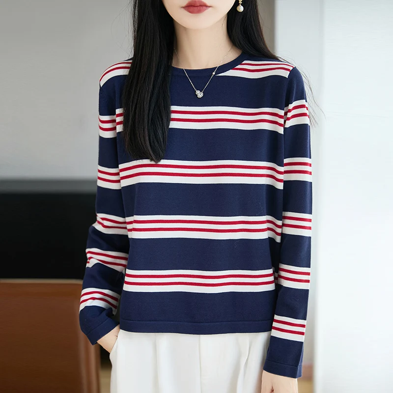 Fashionable women's 100% pure cotton knitted sweater autumn and winter casual round neck pullover loose striped women's top