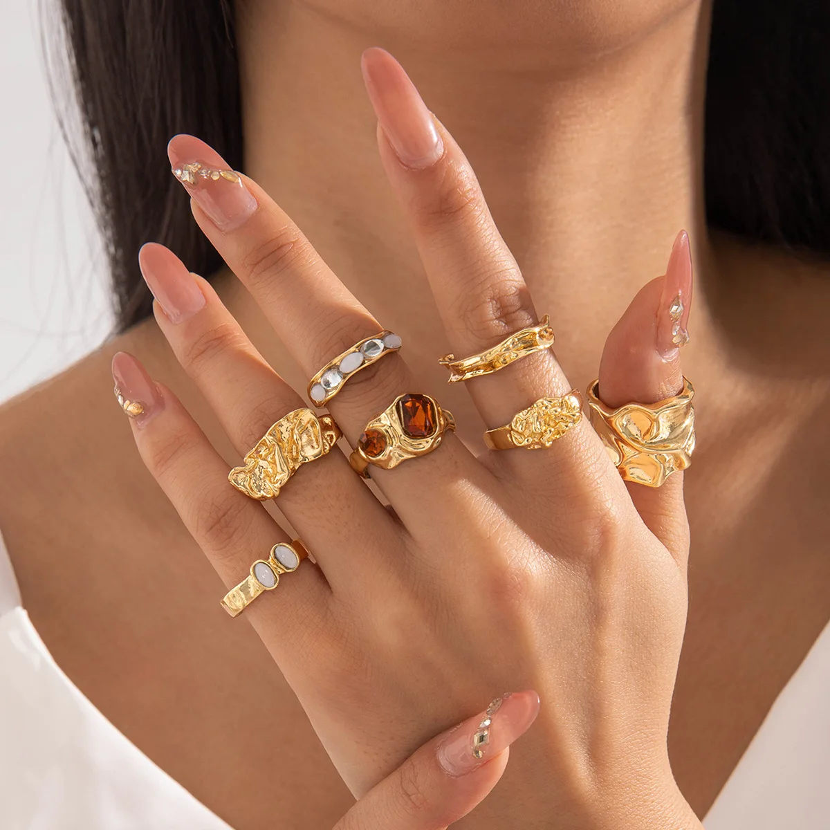 European and American cross-border, alloy gemstone ring, metal exaggerated ring set, diamond-set ring cross-border jewelry.
