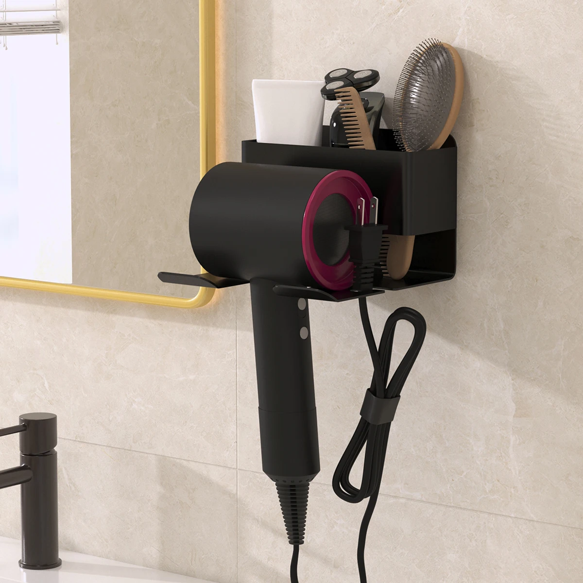 Wall mounted hair dryer rack, no punching multi-functional bathroom storage rack, curling iron storage rack, bathroom toothbrush