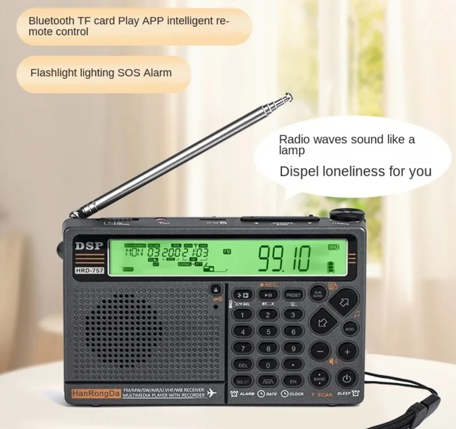 

HanRongDa HRD-757 AM/FM/SW HF/UHF/VHF/Airband Full Band Radio HanRongDa HRD-757 Bluetooth TF Card Play APP Remote Control SOS A