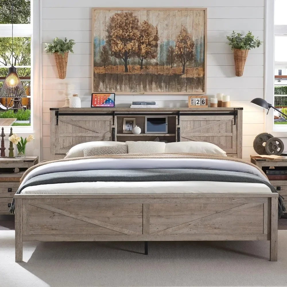 Headboard with Locker with Sliding Barn Door and Charging Station, No Springs Required, King Size Bed Frame