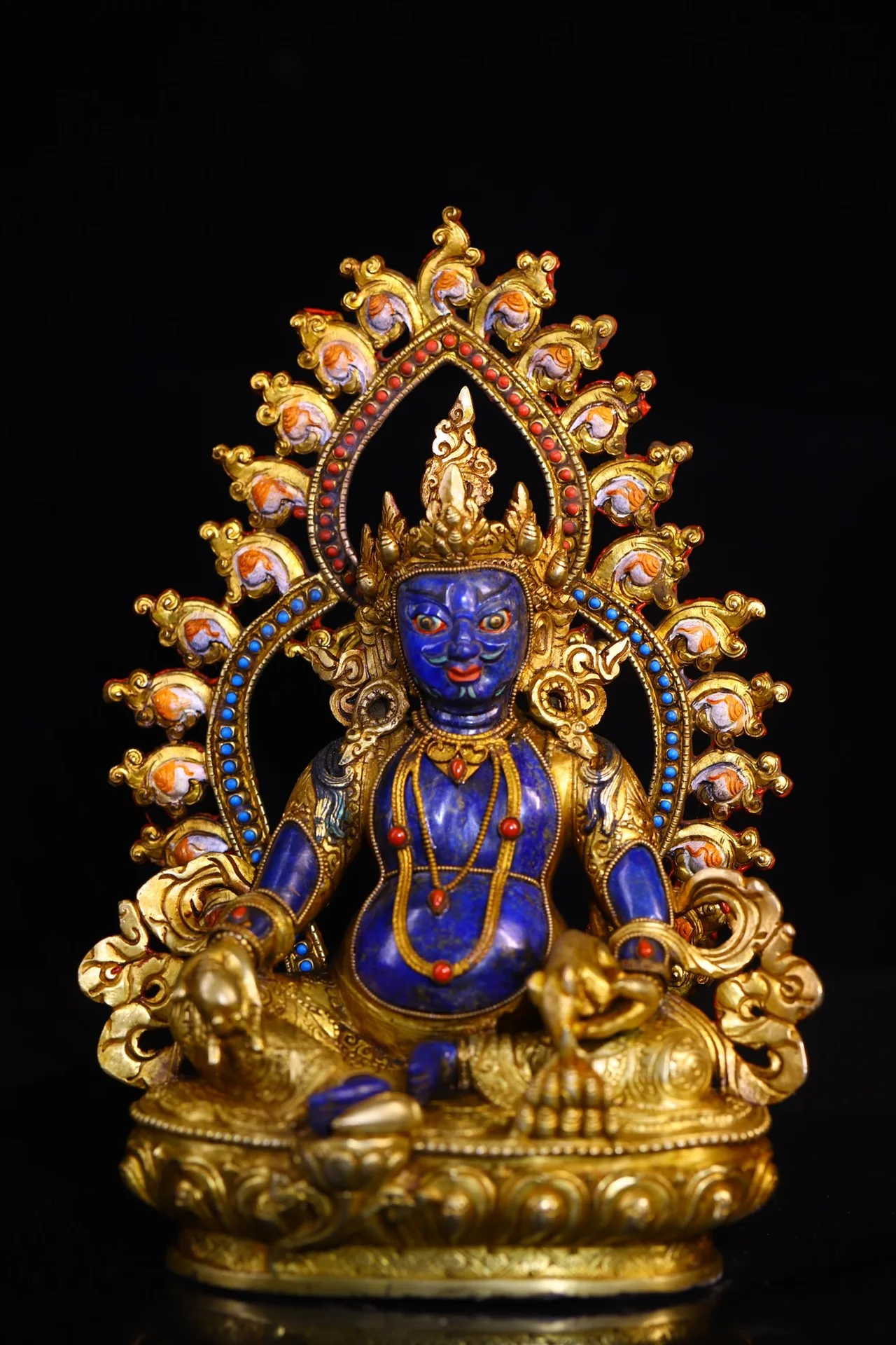 

10"Tibetan Temple Collection Old lapis lazuli Mosaic Gem Turquoise Yellow Jambhala Buddha Backlight Lotus Platform Worship Hall