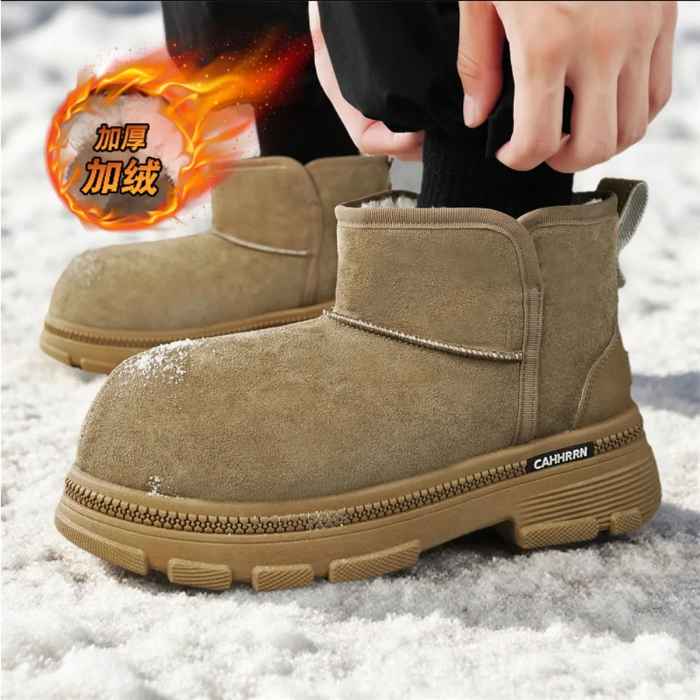 

Luxury Cowhide Men's Boots Warm Wool Fur Winter Shoes Outdoor Hiking Climbing Work Snow Shoe Fashion Side Zipper Waterproof Boot
