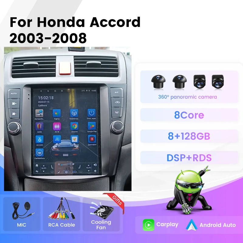 9.7inch For Tesla Style Screen Android13 OS Carplay car radio for Honda Accord 7 2003 - 2008 Automotive Multimedia RDS Head Unit
