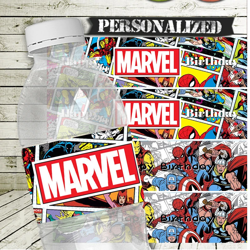 6pcs Marvel Avengers Cartoon Water Bottle Labels Birthday Party decorations Kids Toy Communion Self-adhesive Stickers Supplies