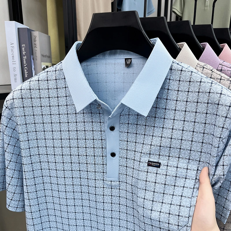 Herren Kurzarm-Poloshirts mit Diamant-Jacquardmuster, klassische Passform, lässige Oberteile, weiche, bequeme, modische Hemden für Männer – Detail 3