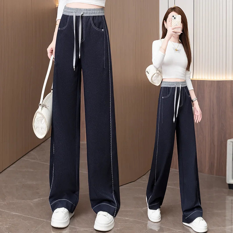 

Dark Blue Wrinkle-Resistant Non-Fading Jeans for Women, New Autumn High-Waisted Casual Wide-Leg Pants, Draped Slimming Straight-