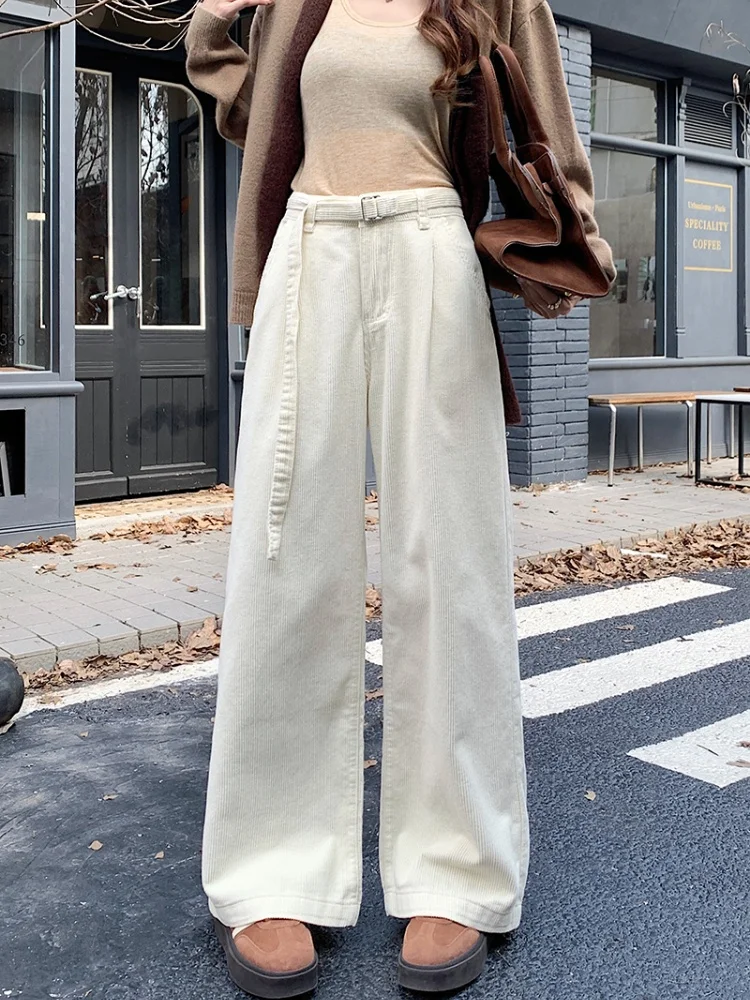 

2024 Ropa Y2K Fashion Sashes White Corduroy Baggy Casual New Pants For Women Clothes Wide Leg Elegant Underwear Lady Trousers
