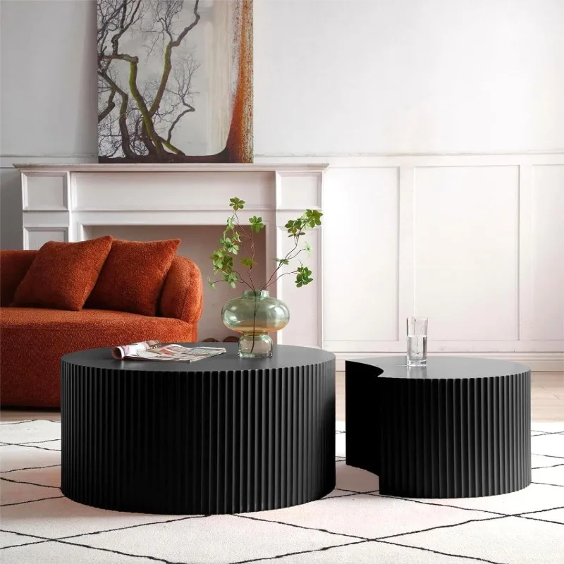 Coffee Table Set of 2 Modern, Wooden Circle End Table Set, Living Room Nesting Table Round 2-Piece