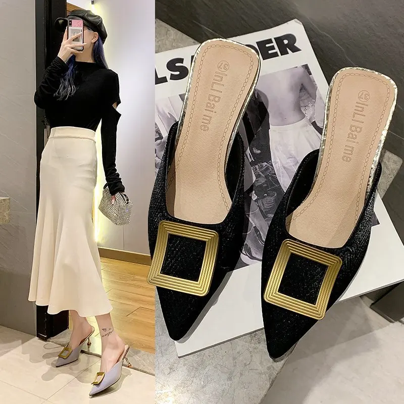 Summer New Style Baotou Metal Square Buckle Slippers Women Fashion Pointed Mid-heel Stiletto Sandals