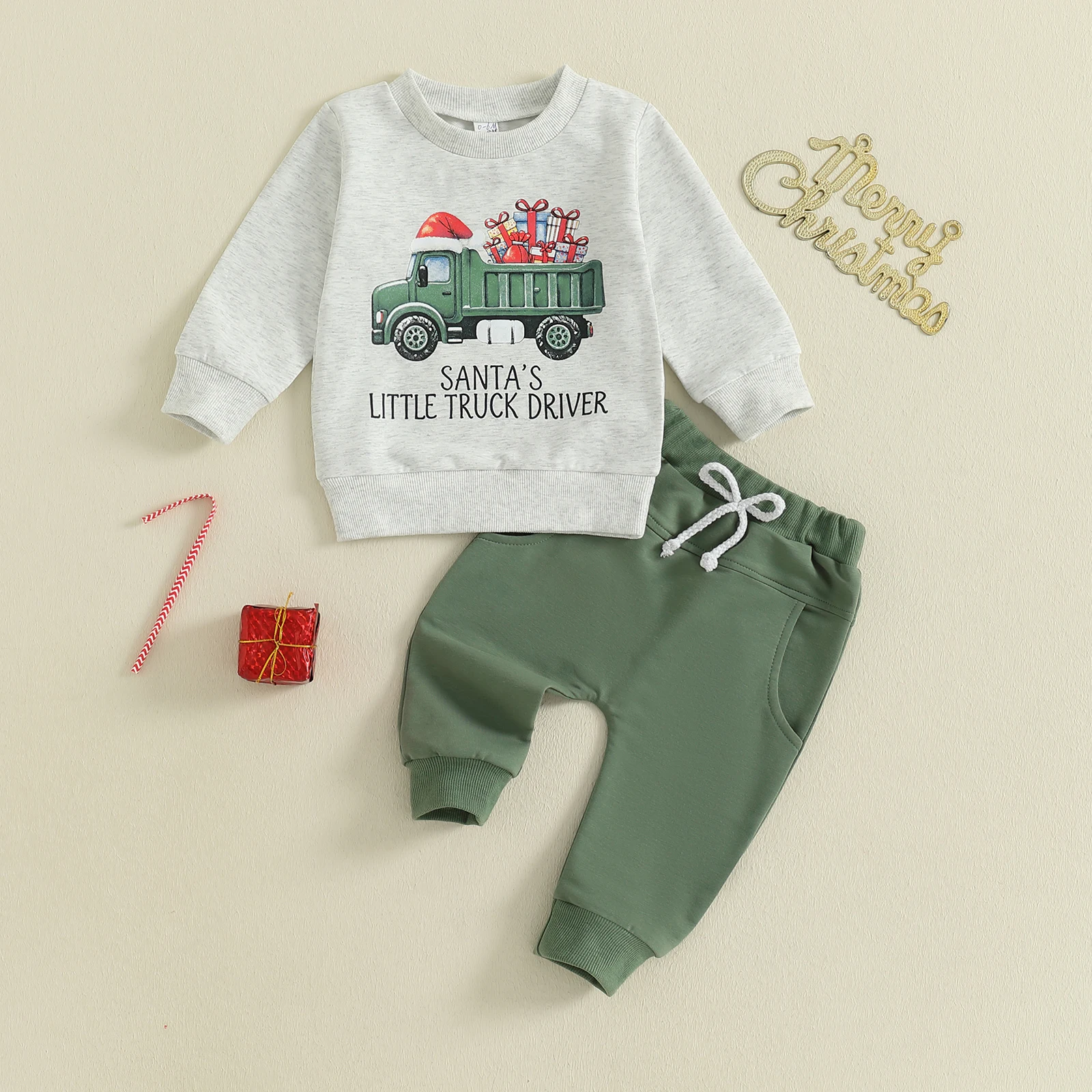 Toddler Baby Boy Christmas Outfit Truck Present Box Print Crew Neck Sweatshirt Joggers Pants Set Cute Boys Clothing