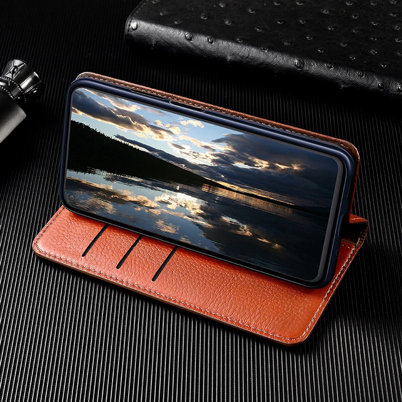 Lychee Pattern Genuine Leather Flip Case For Moto Edge 30 40 50 G45 G54 G55 G64 G75 G84 G85 Pro Neo Fusion Ultra Wallet Cases