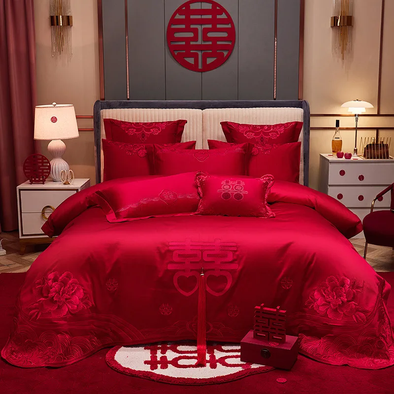 

Flowers Embroidery Chinese Wedding Tassels Bedding Set King Queen Size Luxury Red 100% Cotton Duvet Cover Bed Sheet Pillowcases