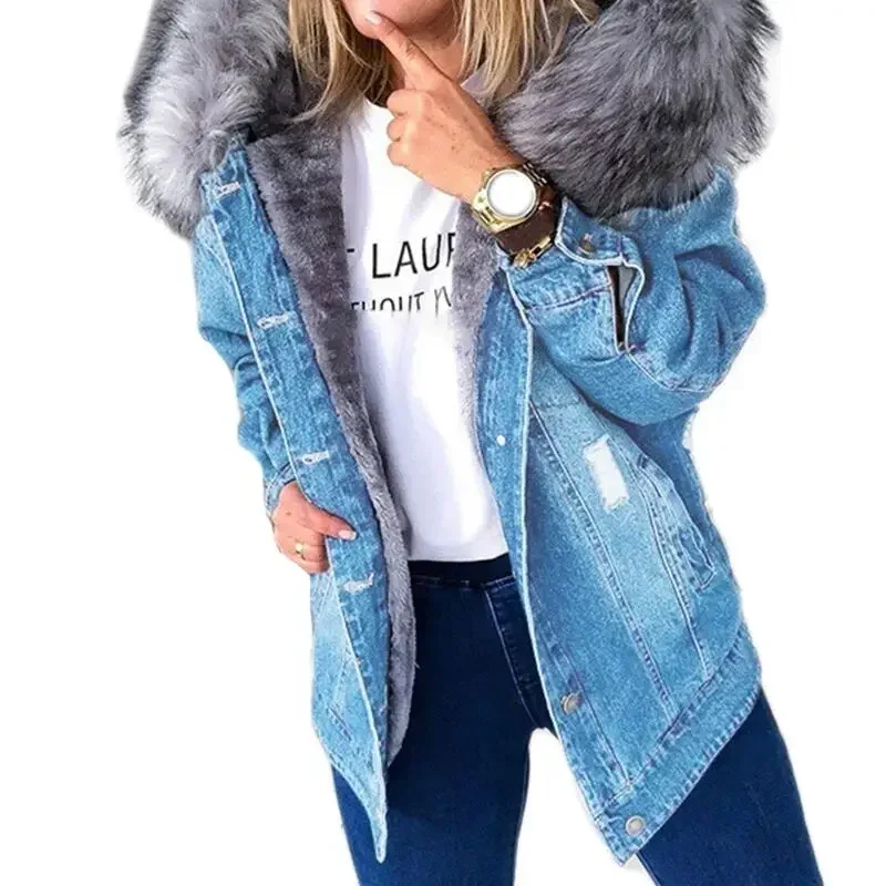 Winter Fur Jacket Women Denim Coats Faux Hooded Jean Thick Long Sleeve Frayed Overcoat Outwear Vintage Cotton Female Coat