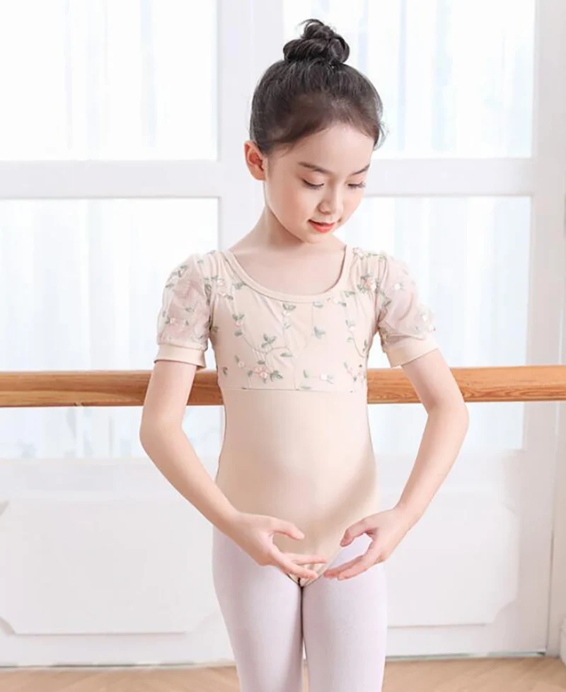 Ballet Dance Leotard Children Light Yellow Short Sleeve Practice Ballet Dancing Wear Girls Gymnastics Dance Leotards