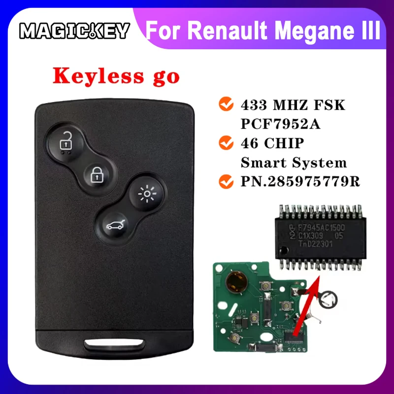 

For 2009 - 2015 Renault Megane III Fluence Laguna III Scenic 2010 Hands Free Keyless Smart Card Car Key 433MHz PCF7952A