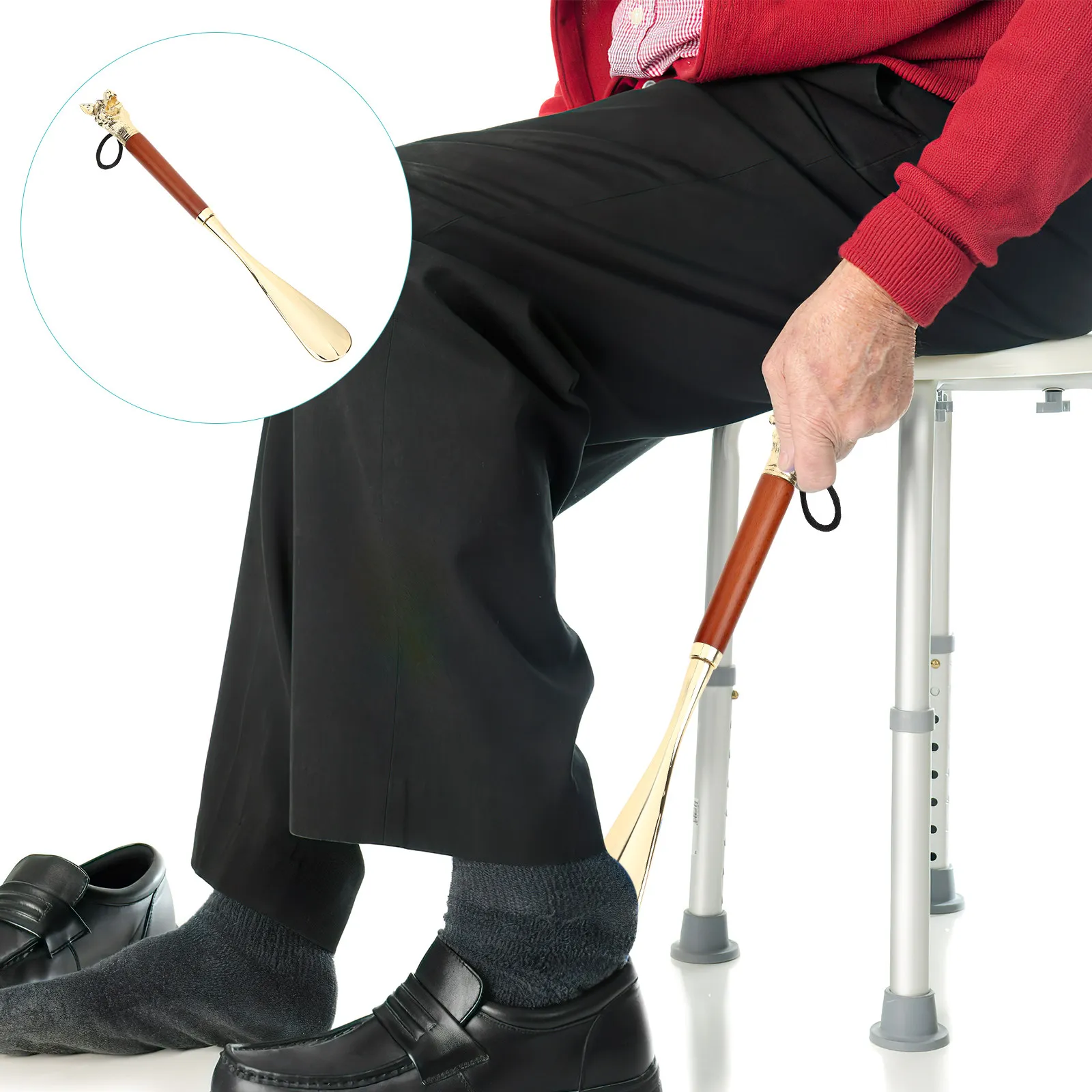 

Long Dog Head Shoehorn Zinc Alloy Wood Handle Smooth Wear Shoe Accessory for Seniors Travel Portable Shoe Horn