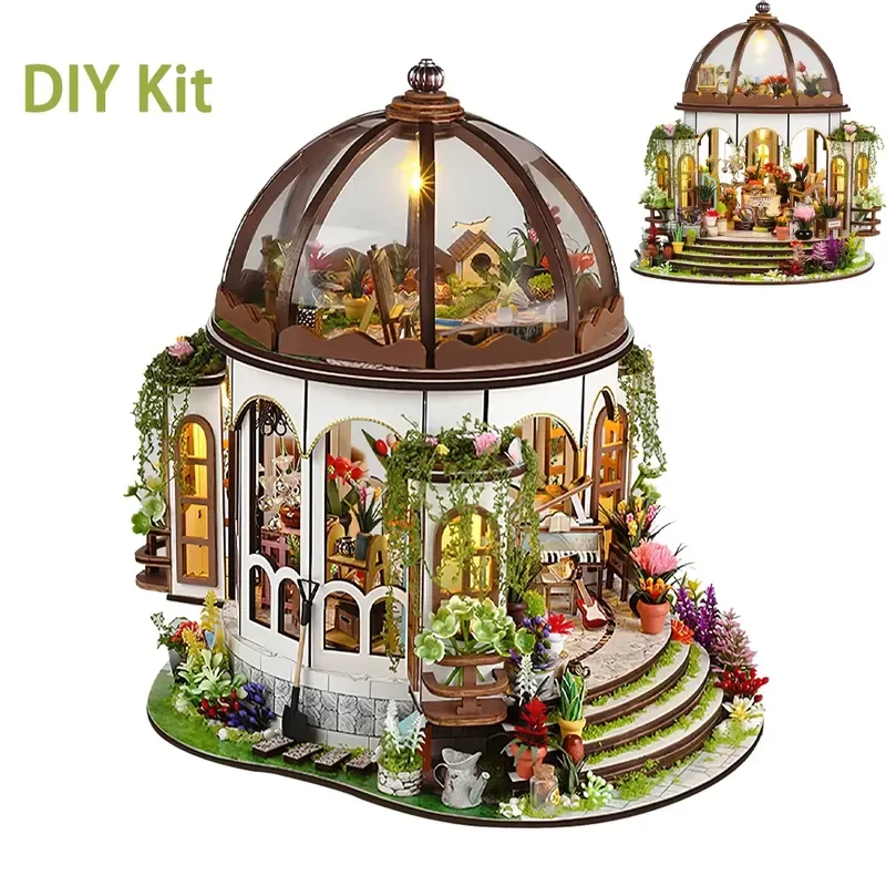 DIY Miniature Dollhouse Kit 3D Wooden Flower House Making Kit with LED Light and Furniture Bedroom Decoration Gifts For