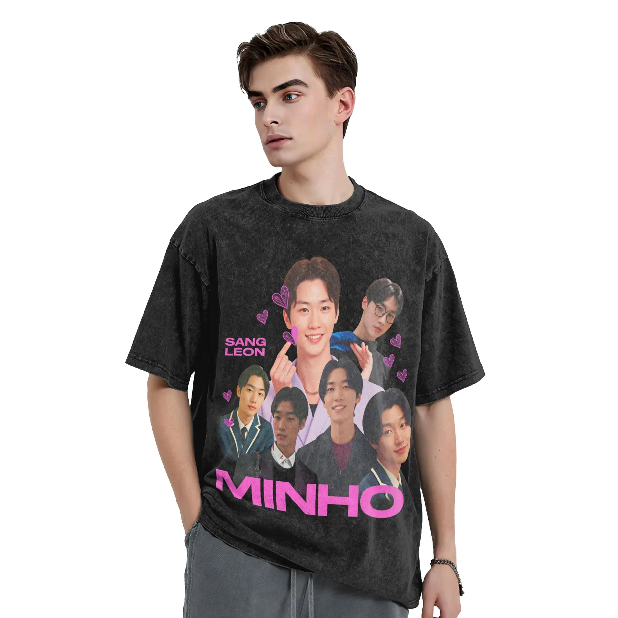 Vintage Washed T Shirt Min Ho xo kitty Sang Heon Cotton T Shirts  Hippie Tshirt for Couple Summer Y2K Retro Design Clothes
