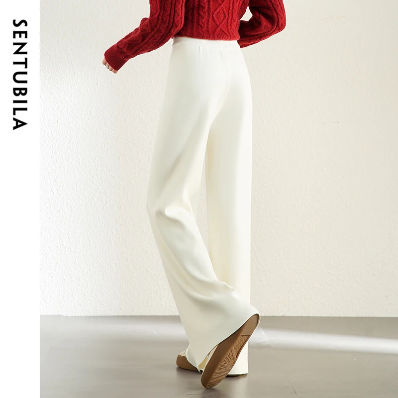 SENTUBILA Straight Knitted Pants for Women 2024 Autumn Winter Commute High-waist Full-length Pants Comfort Trouser W34K52438