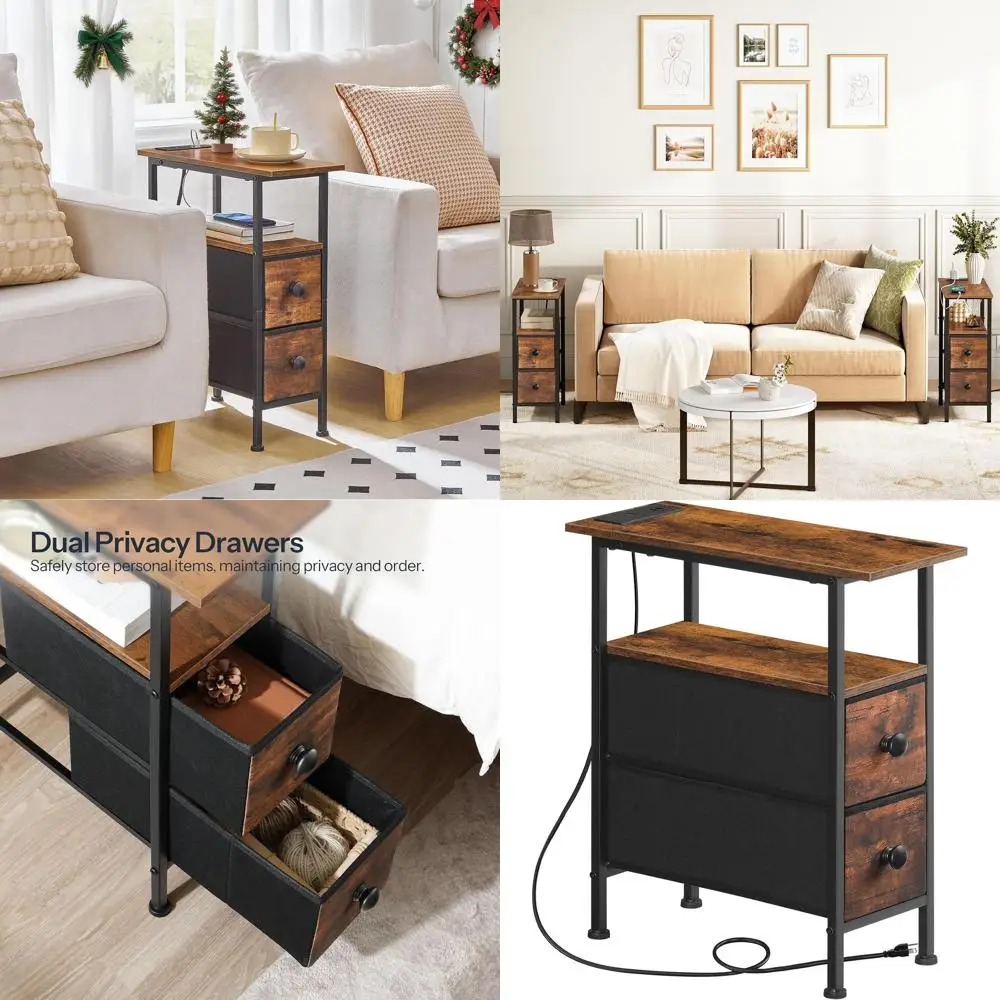 

Charging Station End Table, Slim 2-Drawer Side Table, Storage Nightstand for Small Spaces, Rustic Black Living Room Bedside Tabl